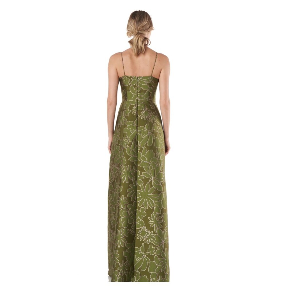 Kay Unger Jada Jacquard Halter Neck Gown Dress Green w/ Pink Embroidery Size  8 - Picture 3 of 13